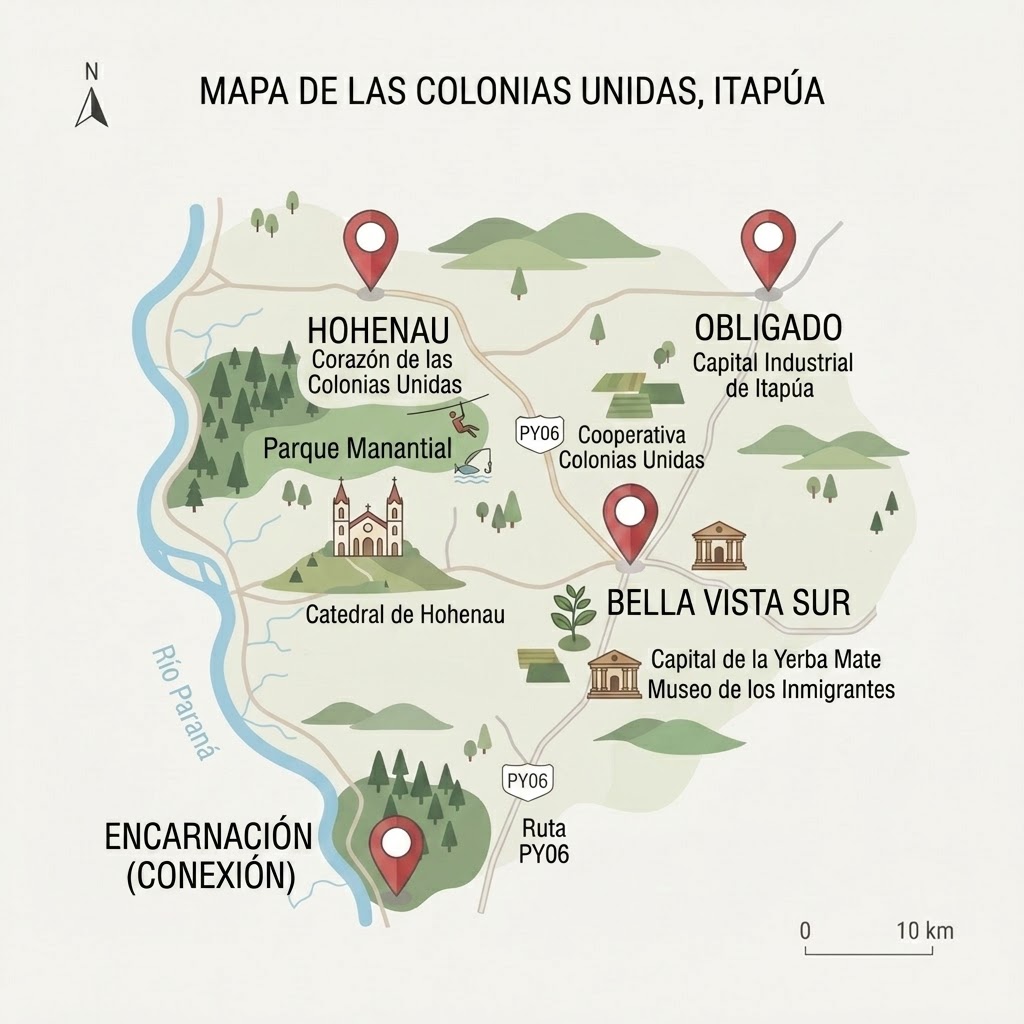 Mapa de las Colonias Unidas, Itapúa: Hohenau, Obligado, Bella Vista Sur y la conexión con Encarnación por la Ruta PY06
