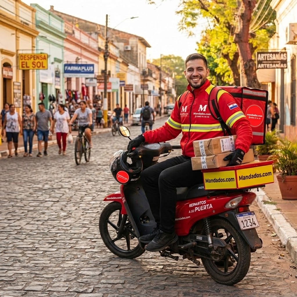 Repartidor de Mandados.com realizando una entrega en su motocicleta